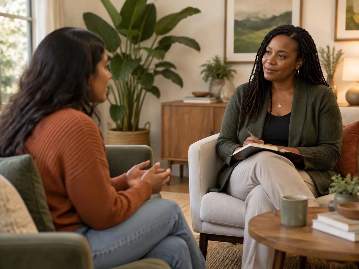 Therapist listening with compassion during a session