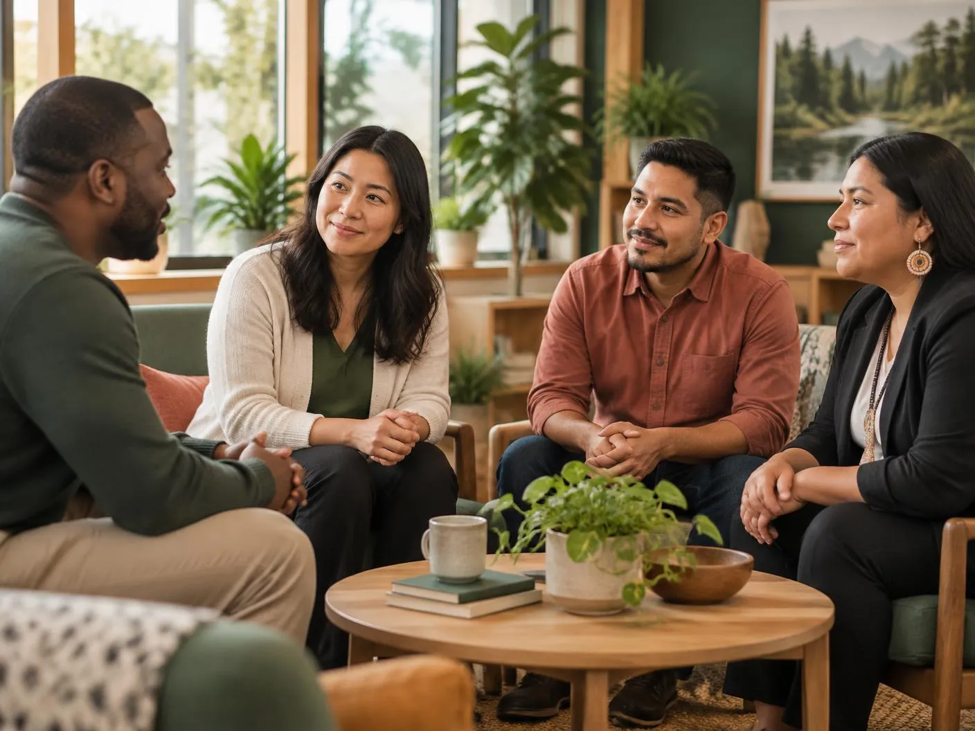 Four professionals in a supportive group discussion